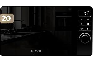 EVVO Microondas M20 Black, 20L de Capacidad, Grill 800W, Puerta Efecto Espejo, Multifunción, Función Descongelar, Temporizador 60 Minutos,Display Digital (Acabado Negro)