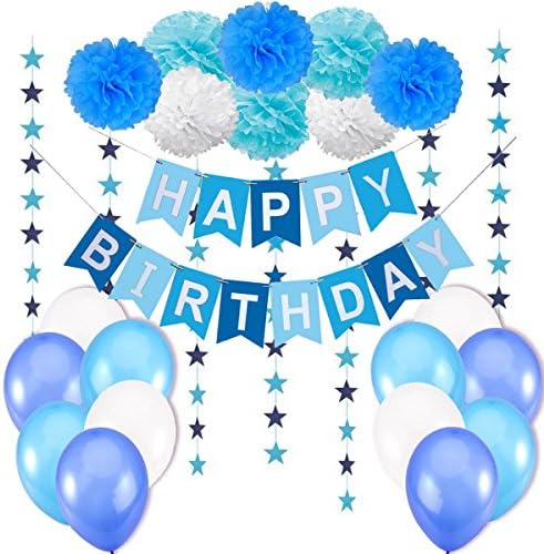 Premium Happy Birthday Decorations Supplies - 1 Happy Birthday Banner / Bunting Banner + Set of 8 Colorful Flower Pom Poms + 6 meters Rainbow Paper Garlands + Pack of 12 Latex Balloons Multicolor. Birthday Party Decorations for Baby Girl and Boy by Jonami