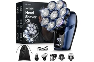 Glatzen Rasierer Herren elektrisch, Bazivve 7 in 1 Kopfrasierer für Glatze 0,0mm mit 8 Rotierende Scherköpfe, IPX7 Wasserdichter LCD Anzeige Bart Nass & Trocken Rasierer Pflege Kit (Blau)