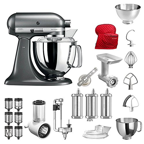 Preisvergleich Produktbild KitchenAid Küchenmaschine Artisan, 5KSM175PS, Bestseller Paket inkl. TOP Zubehör: Gemüseschneider, Fleischwolf, Spiralschneider, Nudelvorsatz, Spritzgebäckvorsatz, Abdeckhaube und Standardzubehör (Medallion-Silber)