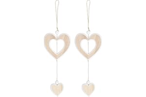 MBAIYO 2 Stück Herz Deko Holz Anhänger, Hängende Holz Dekoherz Fensterdeko Dekoanhänger Natur Weiß Holzherz Hängedeko Skulptur Dekoherz Dekohänger Geschenk für Hochzeit Wandbehang Dekoration