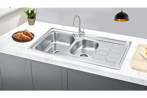 Omeere, 100 x 50, fregadero de cocina, acero inoxidable 304, grosor del material 0,8 mm, fregadero, fregadero, fregadero empotrado, rectangular, 2 lavabos, (superficie de almacenamiento a la derecha)
