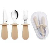 Guqqo Silikon Saplı Bebek &Ccedil;atal Kaşık Bı&ccedil;ak Seti, 316L, BLW, Saklama Kutulu, Krem