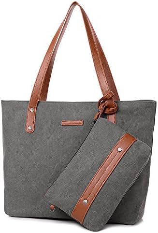 Aizbo Handbag Women With PU Leather Strap, Canvas Hobo Tote Bag Shoulder Travel Bag and Purse, Gray
