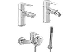 INBAGNO Set miscelatori lavabo bidet e vasca con kit doccia, in ottone cromato con piletta automatica per lavabo e bidet, serie PRIMA