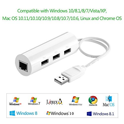 UGREEN 3 Ports USB 2.0 Hub mit rj45 Lan Fast Ethernet Netzwerkadapter Konverter 100 Mbps für Windows 10/8.1/8/7/Vista/XP,Mac OSX 10,6 bis 10.11,Linux und Chrome OS,Chromebook, PC oder Laptop Weiß - 8