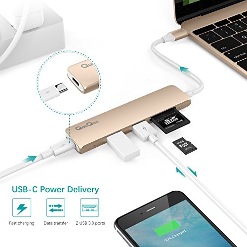 Type C Hub EgoIggo GN22A USB C Adapter USB C Kabel auf 2 Superspeed USB 3.0 Ports, 1 USB C Port mit PD, 1 SD Kartenleser und 1 MicroSD Kartenleser Aluminium Gehäuse geeignet für MacBook, MacBook Pro, Google Chromebook, Huawei Matebook (Gold) - 2