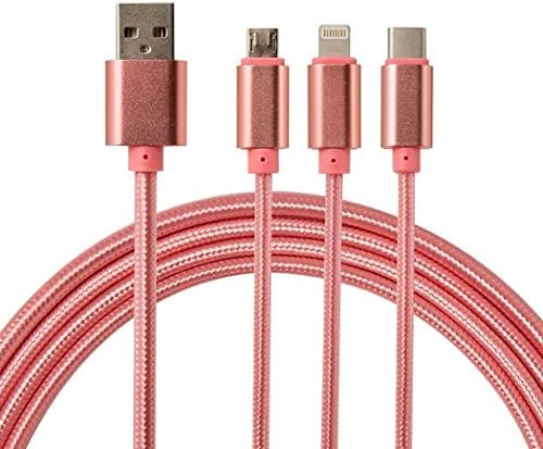 Micro Usb Cable, punson 3 in 1 Multi USB Charging Cable Adapter Lightning Connector with 8 Pin Lightning , Type C and Micro USB 3.3ft (Rose)