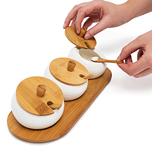 Relaxdays Gewürzhalter JIAO aus Keramik und Bambus H x B x T: ca. 8,5 x 30,5 x 12 cm Gewürzdosen mit Deckel und Halter als Gewürzständer und Dipschalen für den Tisch inklusive passender Löffel, natur - 4