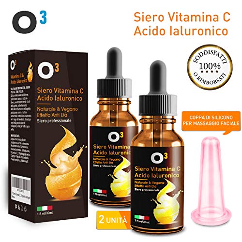 O³ Siero Vitamina C Acido Ialuronico-Acido Ialuronico Puro 100% e Vitamina C di Altissima Qualità-Trattamento Anti Age e macchie-Effeto Innovativo effetto Skin Pull-Up-2 flaconi e 1 Coppetta Antirughe