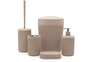 INBAGNO Set bagno accessori completo – 5 pezzi, kit accessori appoggio colorato tortora, include dispenser, portaspazzolini, portasapone, scopino wc e pattumiera 4,2 lt, linea Ring