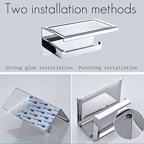 newpointer Toilettenpapierhalter, Angle Simple selbstklebend & Wand montiert SUS 304 Edelstahl Toilettenpapierhalter Aufbewahrung Badezimmer Papier Tissue Rolle Kleiderbügel mit Handy Ablage, poliert - 3