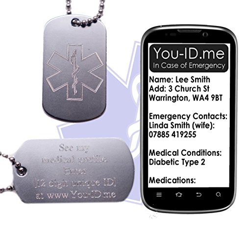 Dementia Medical Alert ID SOS Necklace Tag Grey Engraved Aluminium Army Dog Tag Jewellery Pendant. Smartphone Device Medic Alert Service www.You-ID.me. Emergency Identity Talisman Optional SMS