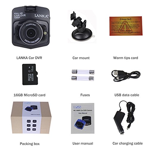 LANKA® Full HD 1080P Car DVR Recorder Dash Cam Black Box Vehicle Camcorder with 16GB Micro SD Card, Built In G-Sensor, Parking Monitor, Motion Detection, Loop Recording, Black