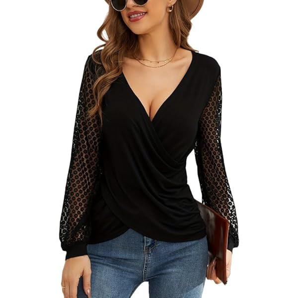 GORGLITTER Maglietta Donna A Maniche Lunghe Con Scollo A V E Nodo Sul Davanti – Pizzo Elegante – Casual Chic