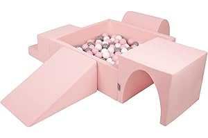 KiddyMoon Aire De Jeux en Mousse avec Carré Piscine À Balles (300 Balles) pour Enfants, Rose:Blanc/Gris/Rose Poudré