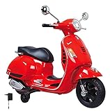 Offiziell lizenziert Jamara 460348 - Ride-on Vespa rot 12V - Leistungsstarker Antriebsmotor und Akku für lange Fahrzeit, SD-Karten Slot, AUX- und USB-Anschluss, Ultra-Grip Gummiring am Rad, Stützräder, LED-Scheinwerfer