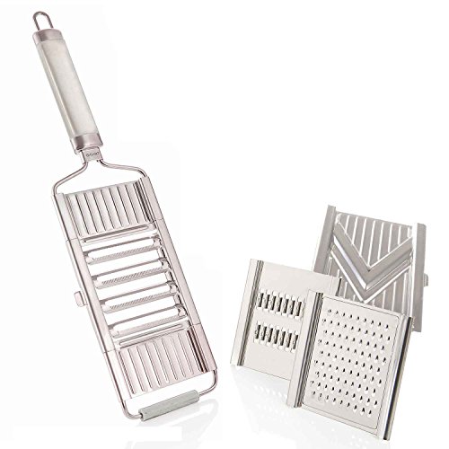 Muxels Gigant 4-fach Gemüsehobel mit 3 zusätzlichen Einsätzen. V-Hobel, Julienne-Schneider und Parmesan-Käse-Reibe