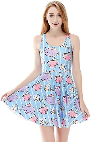 Girls' Basic Pleated Mini Shirt Dress Printed Cartoon Teapot Teacup Scoop Neck Sleeveless UK Size 10-14 / EU Size 36-40 (Not For Kids)