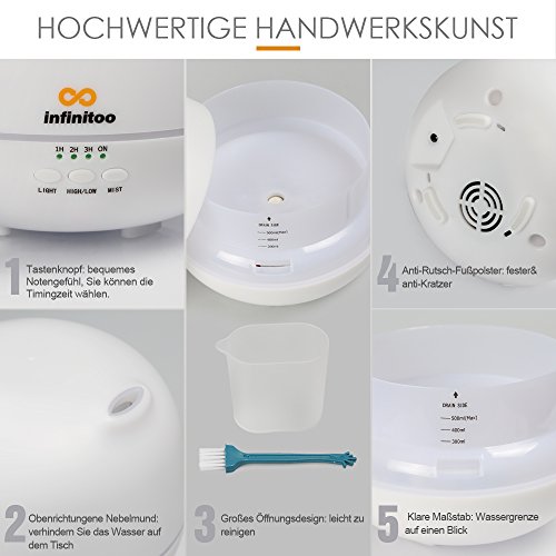 Luftbefeuchter | infinitoo 500ml Ultraschall Aroma Diffuser | Aromatherapie Diffusor | Abschaltautomatik Öl Raumbefeuchter mit 4 Zeitmodi Einstellungen und 7 LED Farbwechsel für Wohnzimmer, Kinderzimmer, Schlafzimmer,, Baby- und Yogazimmer, SPA, Büro usw. - 7