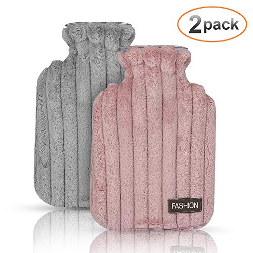 Botella de agua caliente, bolsa de agua caliente transparente con funda de felpa de lujo súper suave, terapia de frío y calor para aliviar el dolor y mantener caliente - Paquete de 2 (rosa y gris)