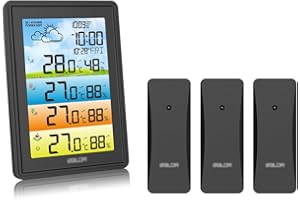 ALEENFOON Station météo avec 3 capteurs extérieurs et intérieurs, réveil numérique, baromètre, température, moniteur d'humidité, prévisionniste météo pour jardin