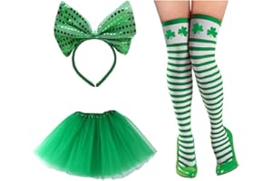 Veroda St Patricks Day Tulle Skirt Sequins Bowtie Hairband Clover Striped Stockings Irish Fancy Dress Costume