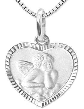 CLEVER SCHMUCK-SET Silberner Anhänger Herz 10 x 11 mm mit Engel matt mit Rand glänzend diamantiert und Rückseite...