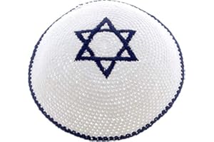 ROUND DESIGNS Yarmulke Kippa de haute qualitéRayé bleu Argent étoile de David ,16 cm de diamètre