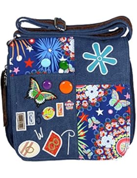 Umhängetasche Canvas Style mit aufgenähten Patches, Buttons und floralem Muster - Maße 25 x 25 cm - Damen Mädchen...