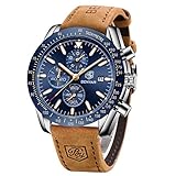 BY BENYAR Montre Elegante pour Hommes Cadran Bleu Chronographe de Mouvement à Quartz Bracelet en Cuir 30M Résistant à l'eau La Mode Cadeau