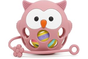 MÜVI – Mordedor bebé con sonajero y correa, texturas sensoriales para dentición, diseño que mejora coordinación mano-boca, +3 meses, silicona alimentaria, sin BPA - Baby teether (Rosa)