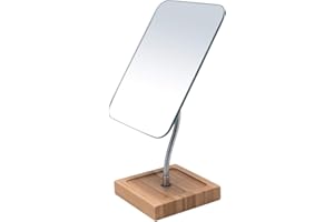 YEAKE Flexibler Schwanenhals-Schminkspiegel aus Bambus, 360° drehbar, 20,3 cm, groß, Rahmenlos, zusammenklappbar, tragbar, Tisch-Schreibtischspiegel mit Ständer, für Badezimmer, Rasur, Make-up,