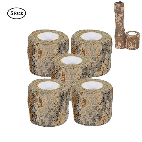 Camo Wrap Tape Cinta de Camuflaje Militar del ejército se aferran para Escopetas Caza Cámping, Rodillo de vendaje Stretch Protector Autoadhesivo, Tela no tejida, 15 pies de largo x 2 pulgadas de ancho, Paquete de 5