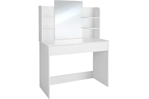 TecTake® Tavolo da Trucco Moderno con Grande Specchio, Toeletta Trucco con Cassetto Suddiviso, 3 Scomparti, 4 Ripiani, Scrivania Trucco con Specchio - Camille, Bianco
