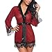 Produktbild MRULIC Damen Transparent Schlafanzüge Frauen Reizvolle Spitze Patchwork Lange Hülsen Nachthemd Bademantel Wäsche mit Gürtel Bogen(Rot,EU-42/CN-2XL)