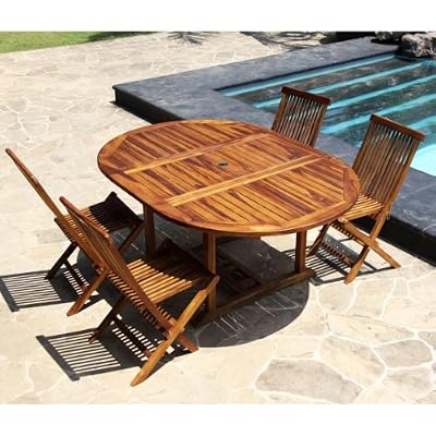 Salon de jardin teck huilé 4 à 8 personnes - Table ronde/ovale larg 120cm long 120/170cm + 4 chaises pliantes