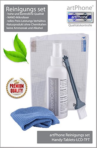 artPhone - Set de limpieza para m  vil  tablet o pantalla LCD o TFT  incluye l  quido limpiador en botella pulverizadora de 100 ml  gamuza de nanomicrofibra de 180 x 150 mm  pincel peque  o y protector de pantalla universal de 140 x 100 mm de regalo
