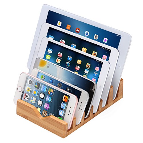 iCozzier 6 Slots ladestation Ladeständer Ladedock aus Bambus multifunctionelle Organizer  für kleine Laptops, iPhone 6 6S 6Plus, iPad Mini 3 4, Samsung Galaxy S5 S6, Chrome Books, Smartphones & Tablets