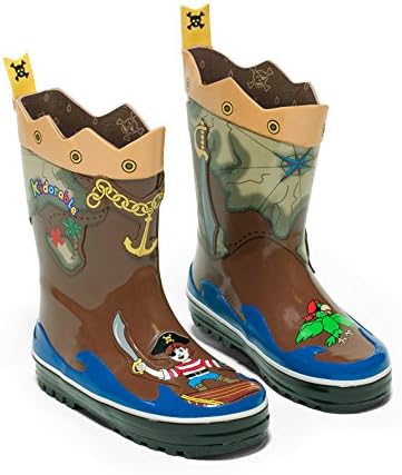 Pirate Brown Rubber Rain Boots with Fun Crossbones Pull On Heel Tab