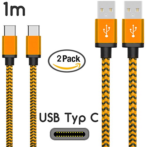Original COVERLOUNGE - Nylon USB Typ C Kabel [2-Pack] / Datenkabel / Ladekabel [2.1 A] für alle SONY Smartphones mit USB Typ C Anschluss | Farbe: Orange | Länge: 1 Meter / 1m