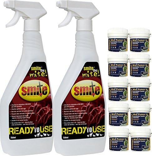 SMITE RED MITE DEGREASER DISINFECTANT SPRAY POULTRY 2 X 750ML AND 10 X FUMERS FOR CHICKEN COOP HOUSE AVIARIES CAGES