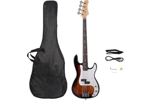 Bonnlo Electric Bass Guitar 4 Strings Full Size for Beginner Exquisite Basswood Burning Bass with Bag, Strap and Accessories (Sunset)