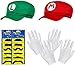 Produktbild DOPPELPACK aus Super Mario Mütze + Luigi Mütze im Komplettset + weißen Handschuhen und Klebe-Bärten für Erwachsene und Kinder Karneval Fasching Verkleidung Kostüm Mützen Cap Herren Damen Kappe
