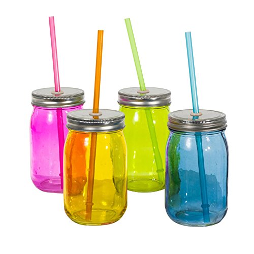détail Ensemble de 4 verres avec couvercle à visser et paille pour boire, multicolore