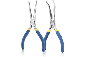 WISEPRO Set di pinze a becco lungo, 150 mm, mini set di pinze con molla, naso lungo, pinze curve, pinze per gioielli, cottura piatta, lavori a mano, riparazione elettronica, 2 pezzi