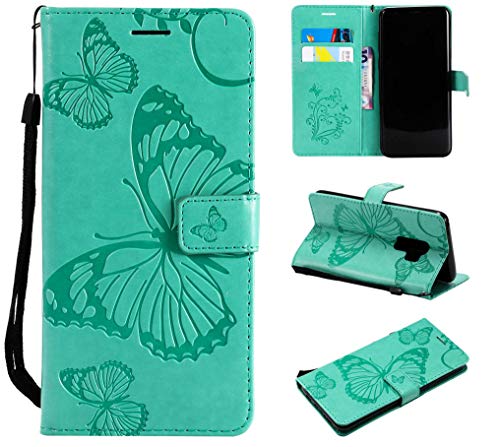 Preisvergleich Produktbild Galaxy S9 Plus Hülle, Conber Lederhülle Handyhülle mit [Kostenlose Schutzfolie], PU Tasche Leder Flip Case Cover Emboss 68D Schmetterling Schutzhülle für SamsungGalaxy S9 Plus - Grün
