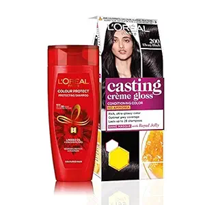 LOr?al Paris Casting Cr?me Gloss Hair Color, 200 - Ebony Black, 87.5 g + 72 ml) + (Colour Protect Shampoo, 192.5 ml) - Pack of 2