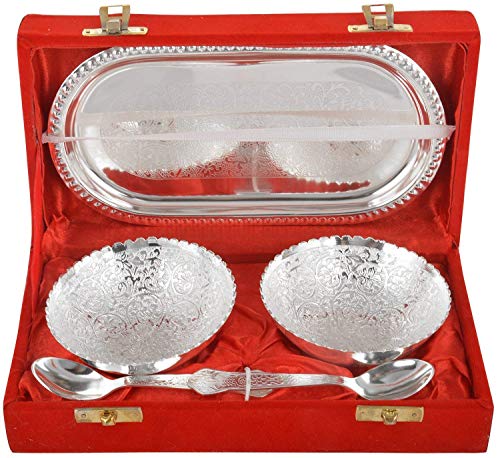 Rajasthan Emporium and Handicrafts Jaipur Ace German Silver Bowl, Spoon and Tray Set