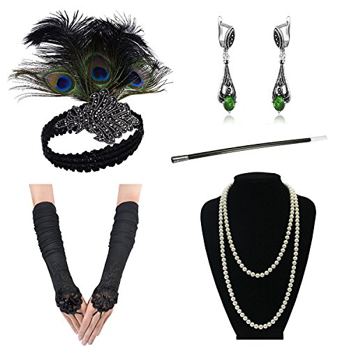 1920s Accessories Set Flapper Headpiece Charleston Fancy Dress Accessories -1920s Flapper Headband Pearl Necklace Satin Gloves